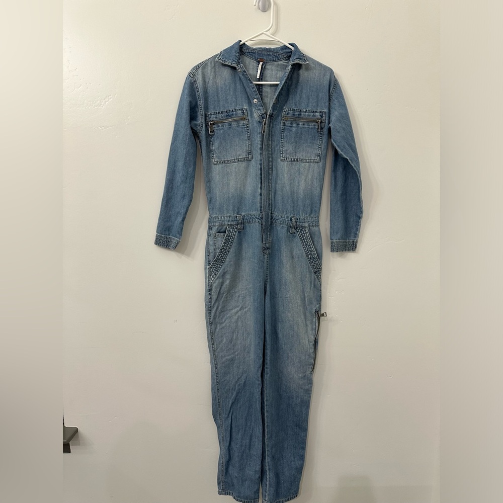 People Womens Denim Jumpsuit Size 24 Boiler Suit Blue Long Sleeve